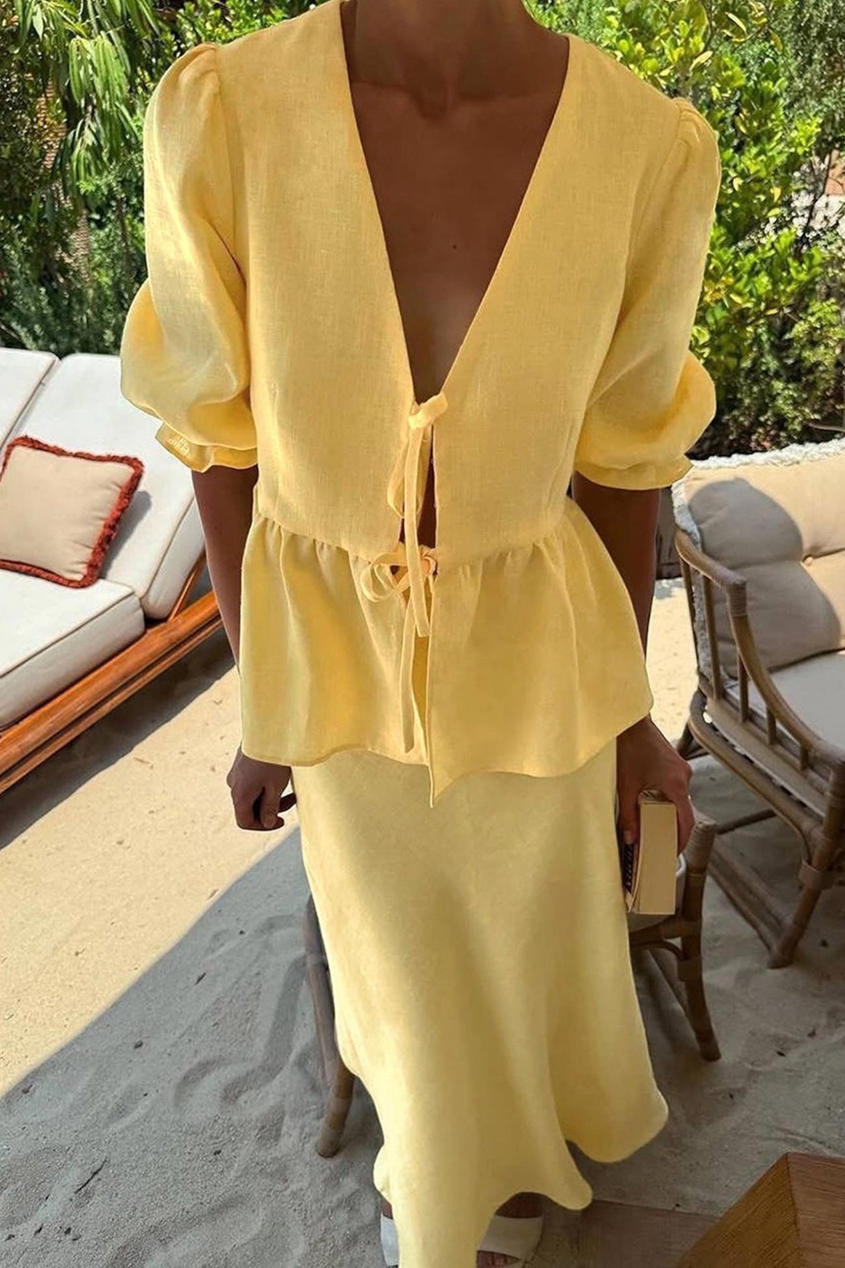 Puff Sleeve Tie-up Ruffle Cotton Shirt Skirt Set