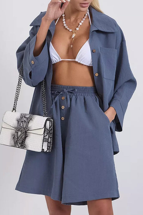 Solid Color Shirt Single-breasted Bermuda Shorts Set