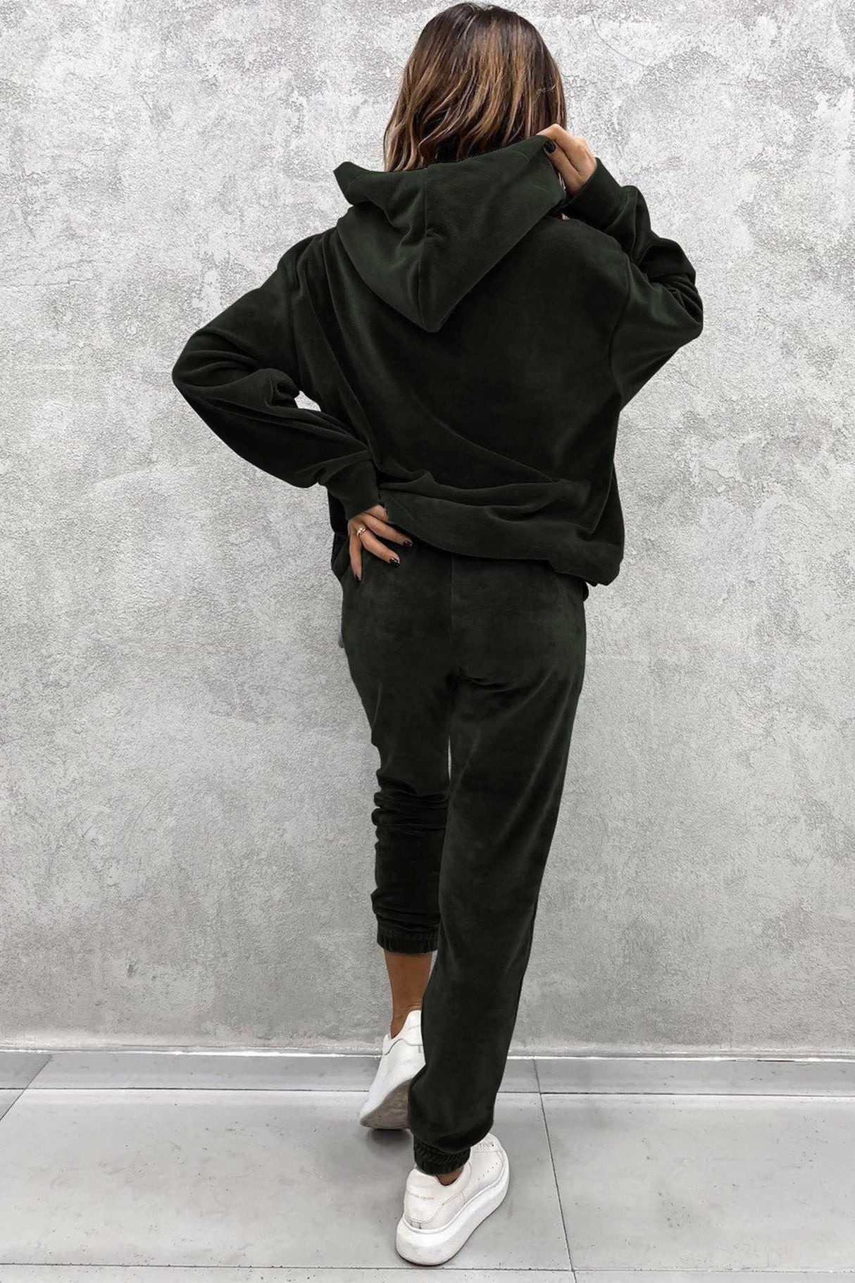 Velour Solid Color Hoodie Long Pants Set