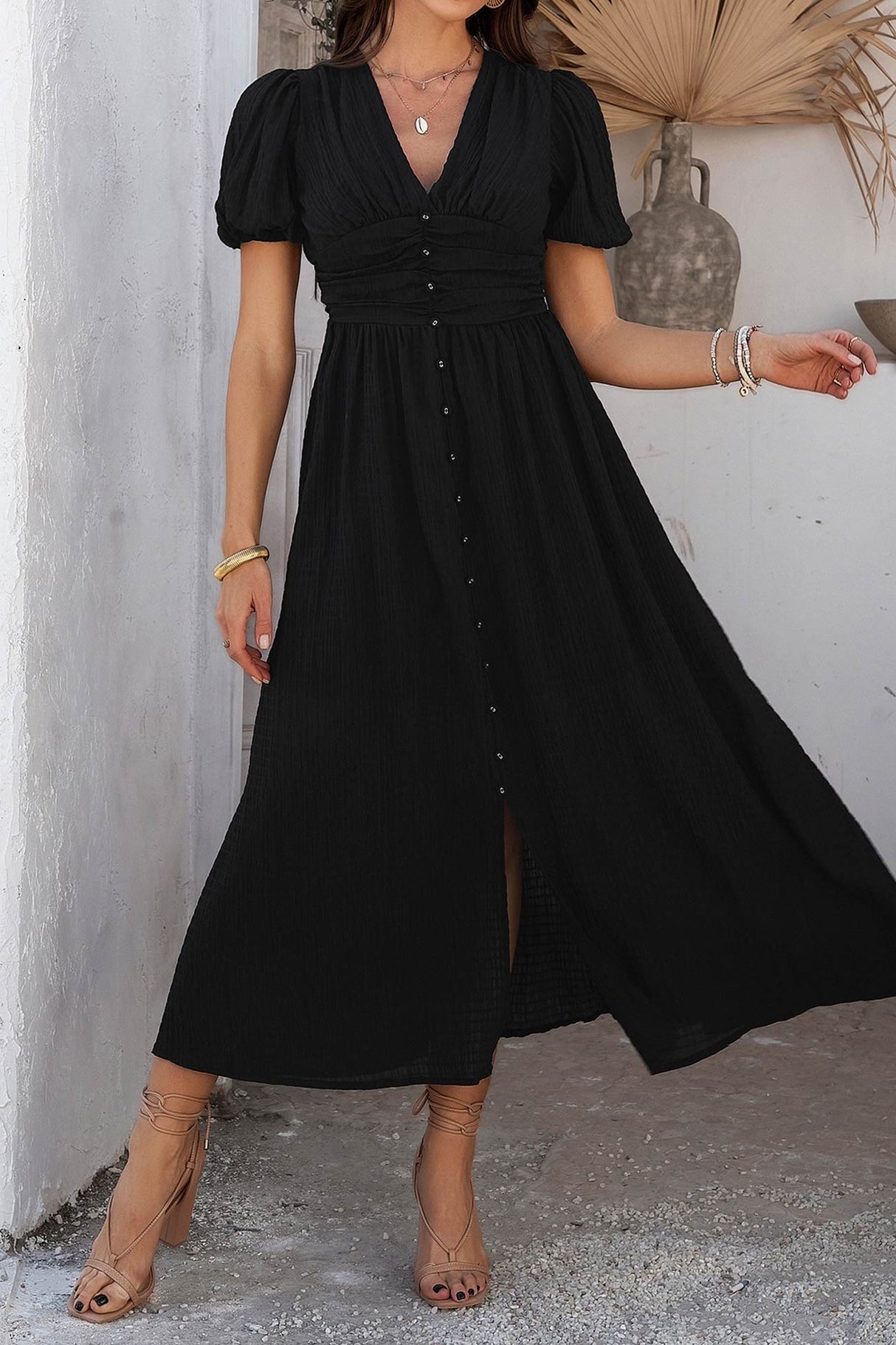 Arolora Puff Sleeve Single Breasted Slit Dress