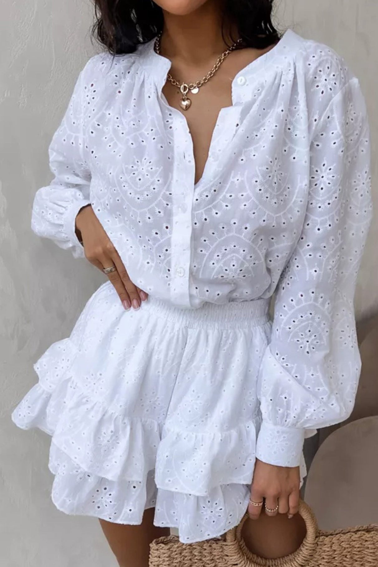 Arolora Hollow-out Jacquard Blouse Tiered Shorts Set