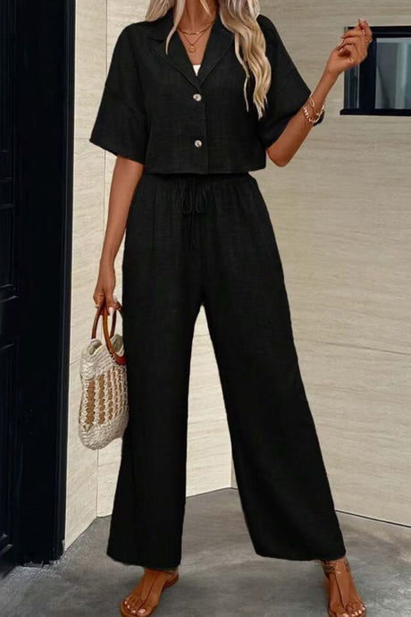 Button-down Crop Shirt Long Pants Set