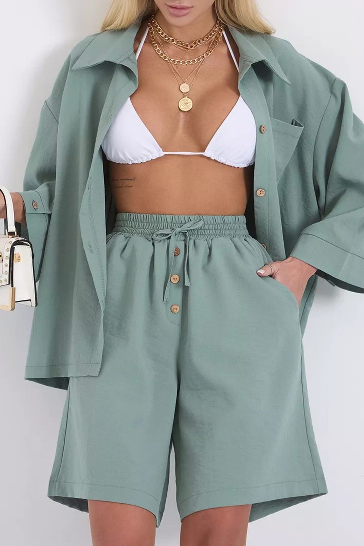 Solid Color Shirt Single-breasted Bermuda Shorts Set