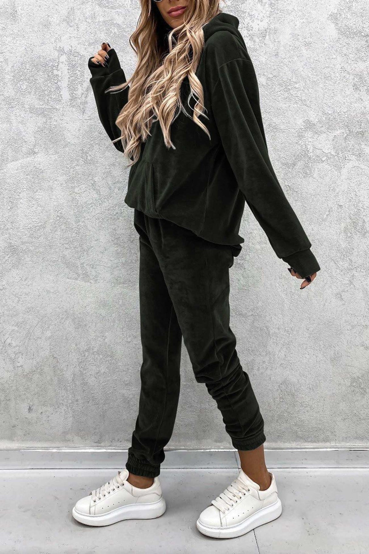 Velour Solid Color Hoodie Long Pants Set