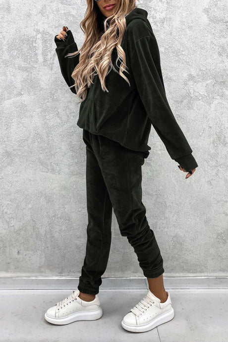 Velour Solid Color Hoodie Long Pants Set