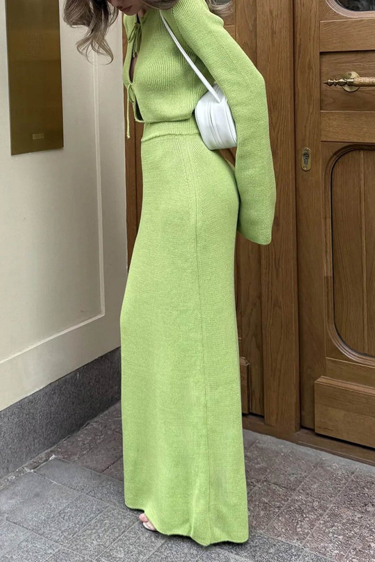 Tie-up Flare Sleeve Cardigan Knitted Skirt Set