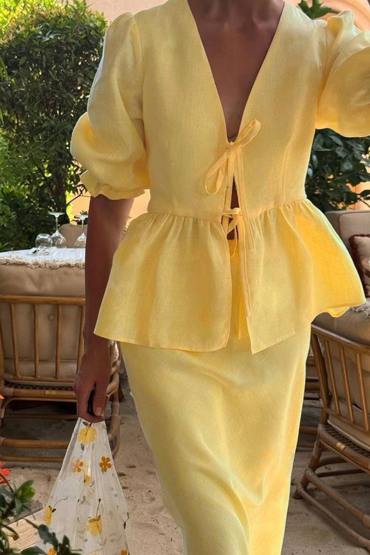 Puff Sleeve Tie-up Ruffle Cotton Shirt Skirt Set