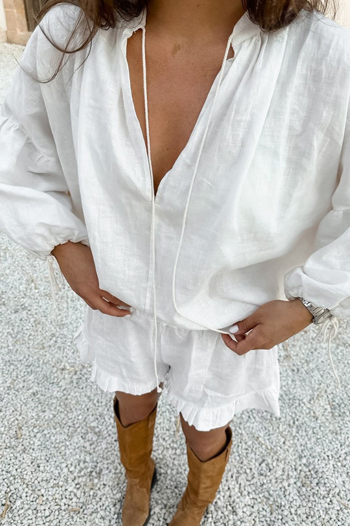 Arolora V-neck Lantern Sleeve Cotton Shirt Set