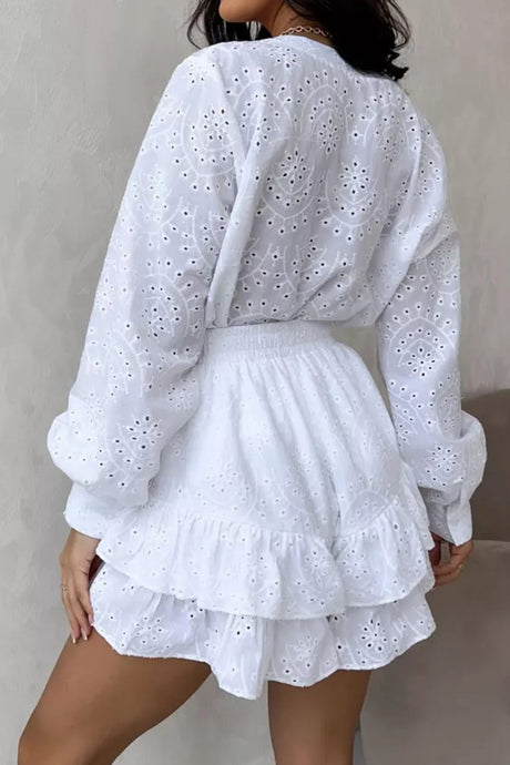 Arolora Hollow-out Jacquard Blouse Tiered Shorts Set