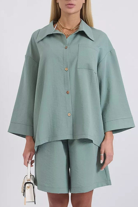 Solid Color Shirt Single-breasted Bermuda Shorts Set