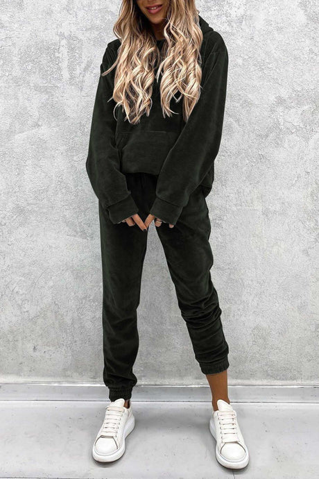 Velour Solid Color Hoodie Long Pants Set