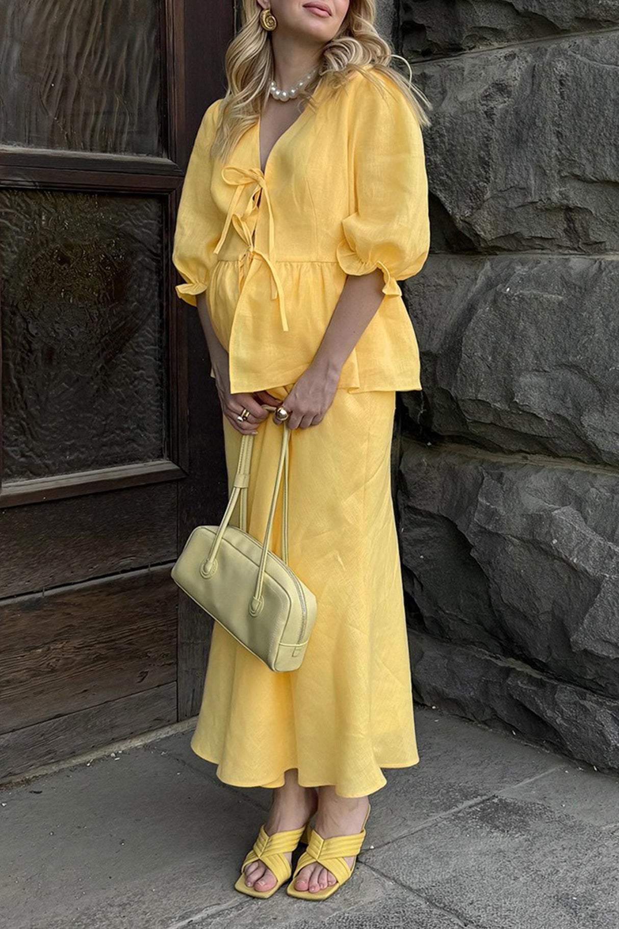 Puff Sleeve Tie-up Ruffle Cotton Shirt Skirt Set