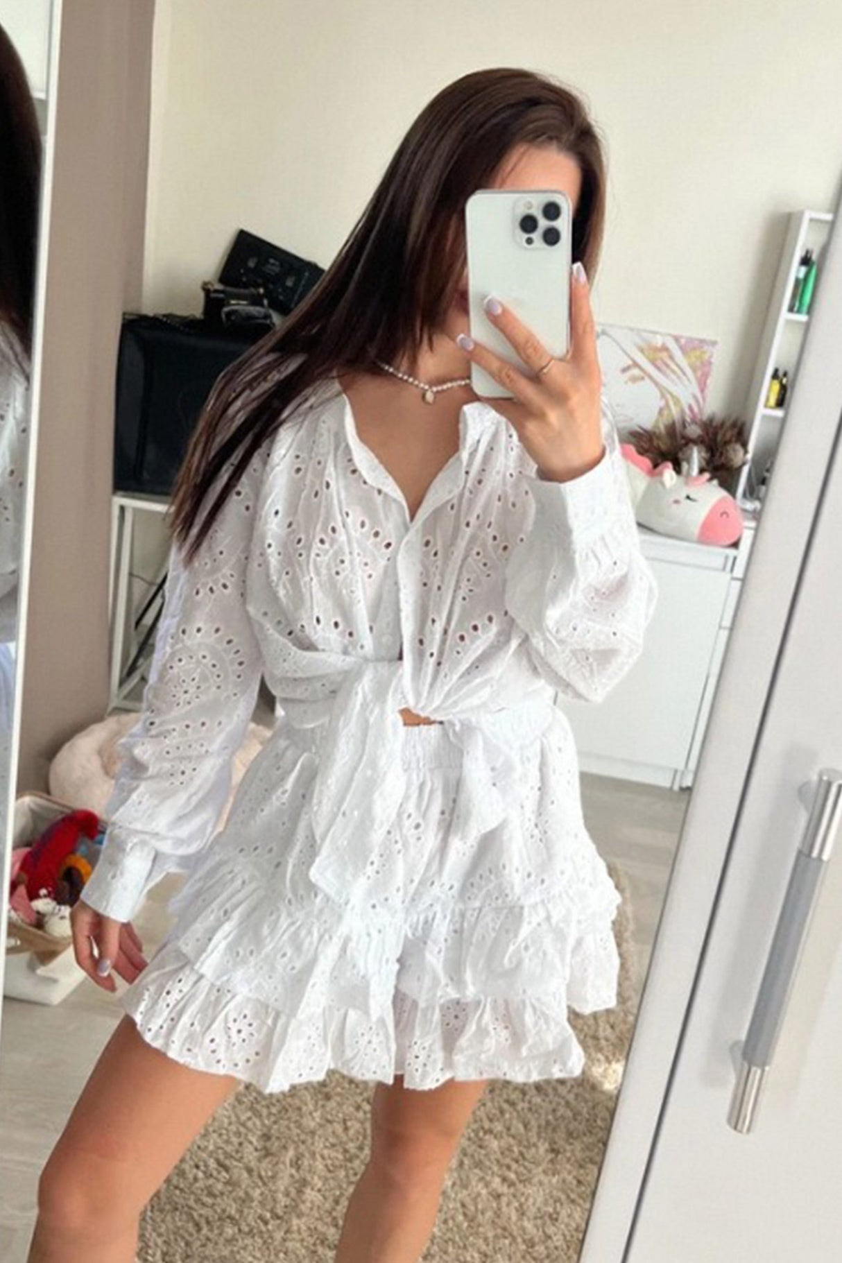 Arolora Hollow-out Jacquard Blouse Tiered Shorts Set