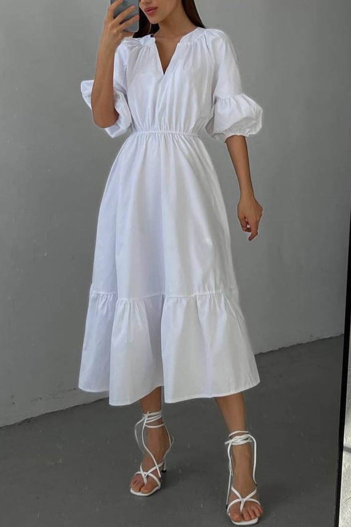 Arolora Half Sleeve V Neck High Waist Midi Dress