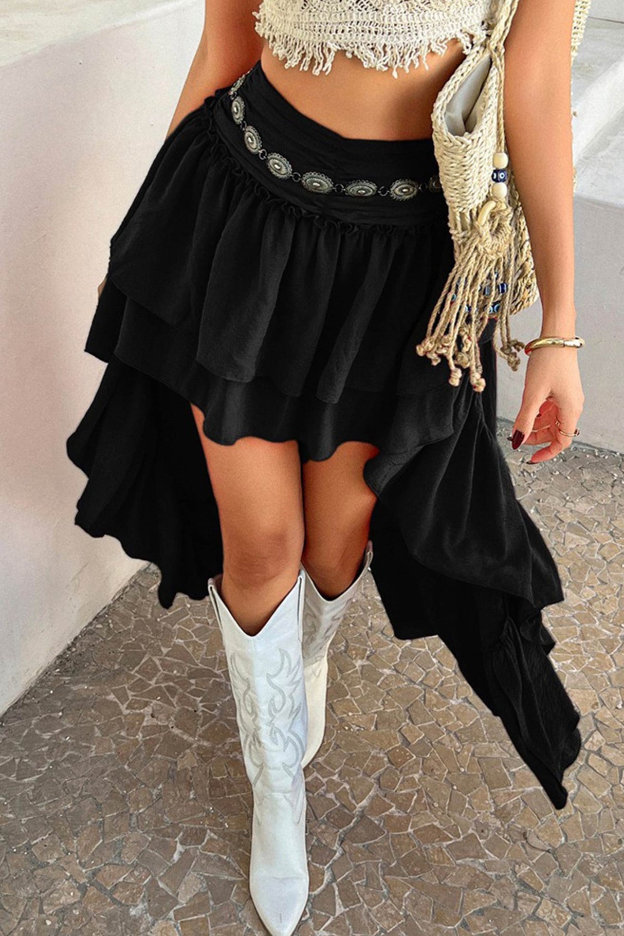 Arolora Solid Color High Rise High-low Tiered Skirt