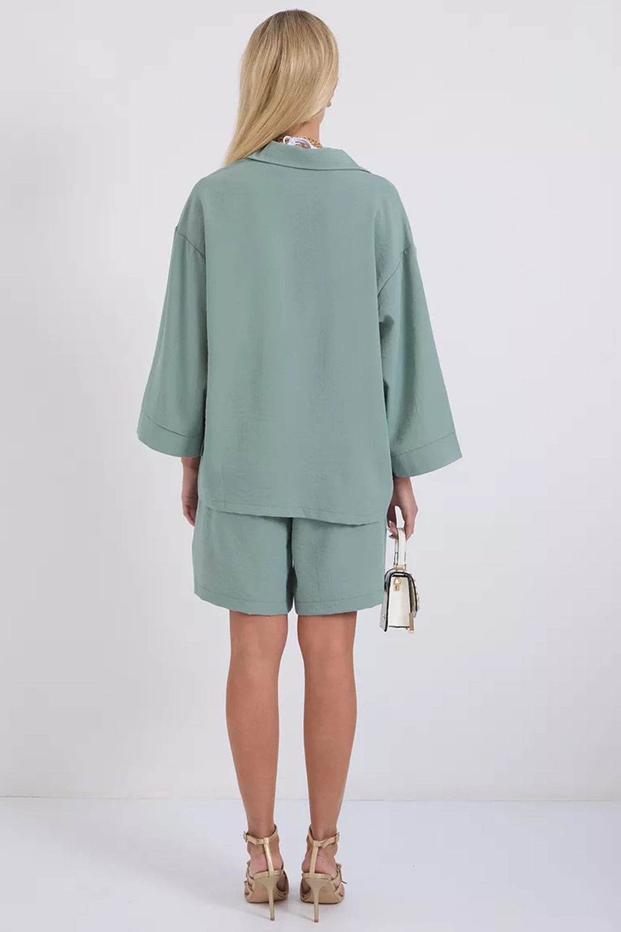 Solid Color Shirt Single-breasted Bermuda Shorts Set