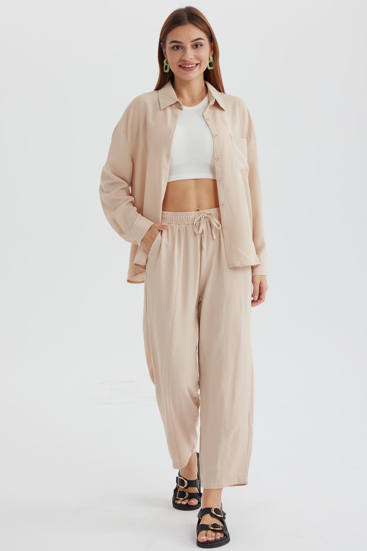 Long Sleeve Solid Color Shirt Long Pants Set