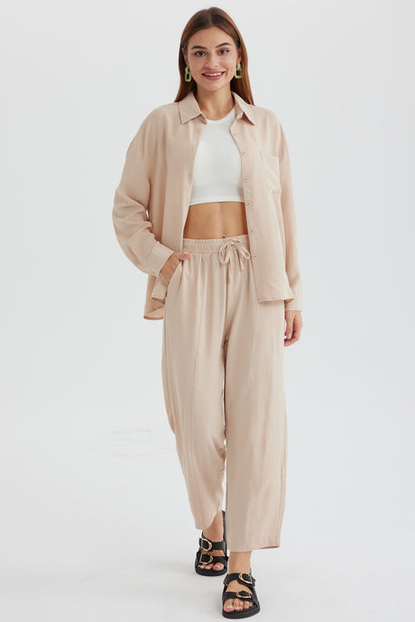 Long Sleeve Solid Color Shirt Long Pants Set
