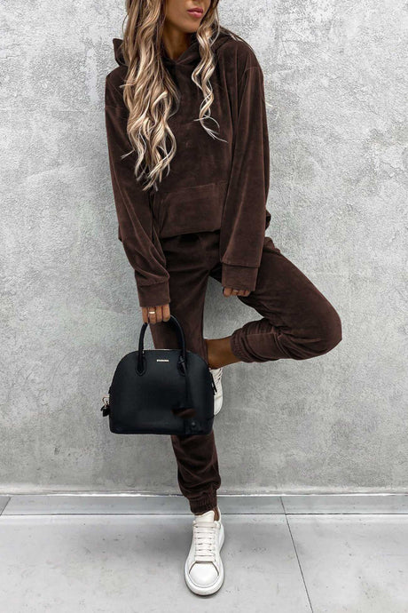 Velour Solid Color Hoodie Long Pants Set