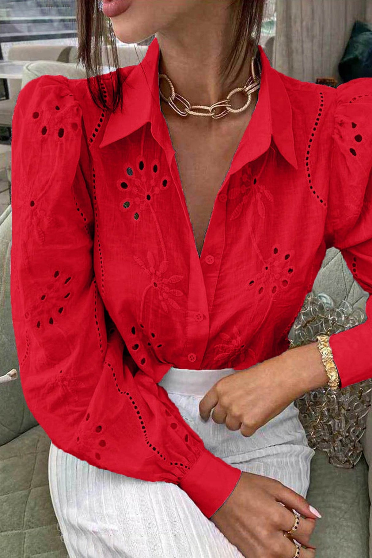 Hollow Out Puff Sleeve Blouse