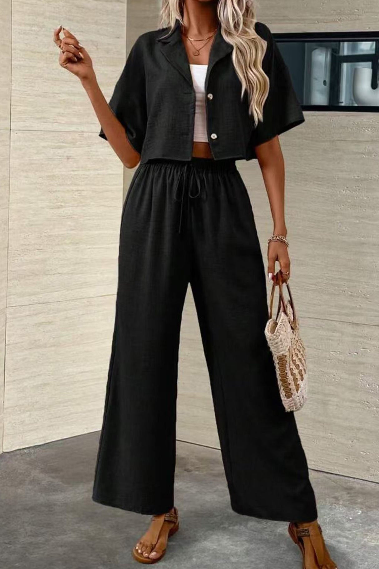 Button-down Crop Shirt Long Pants Set