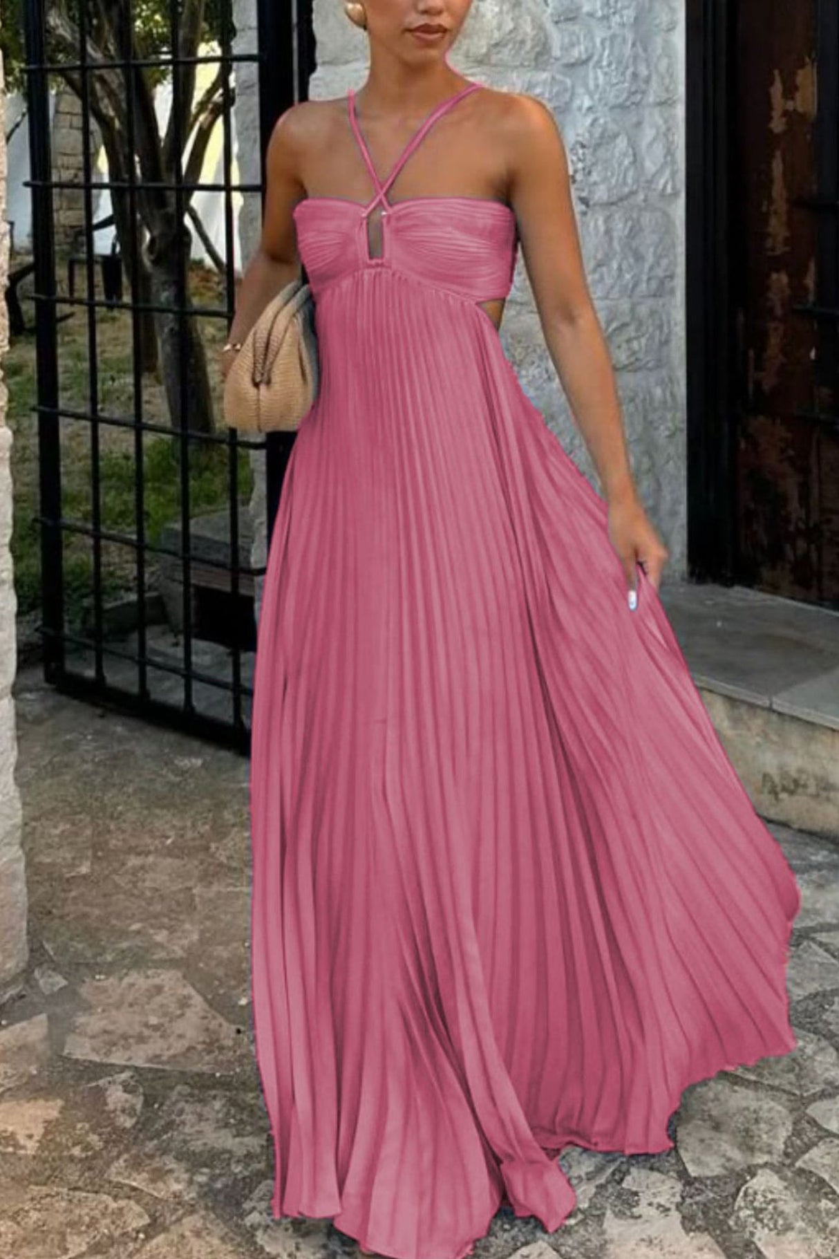 Arolora Halterneck Cutout Pleated Maxi Dress