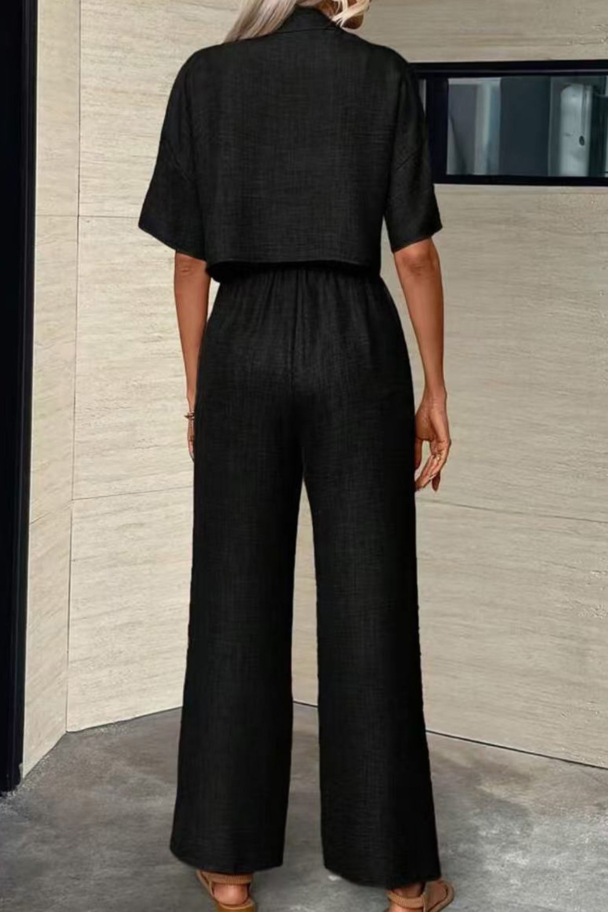 Button-down Crop Shirt Long Pants Set