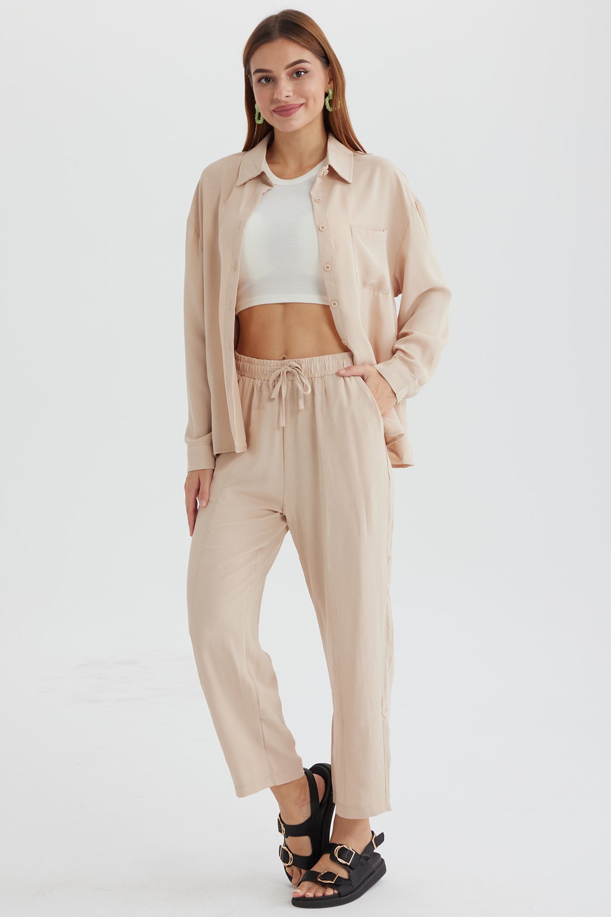 Long Sleeve Solid Color Shirt Long Pants Set