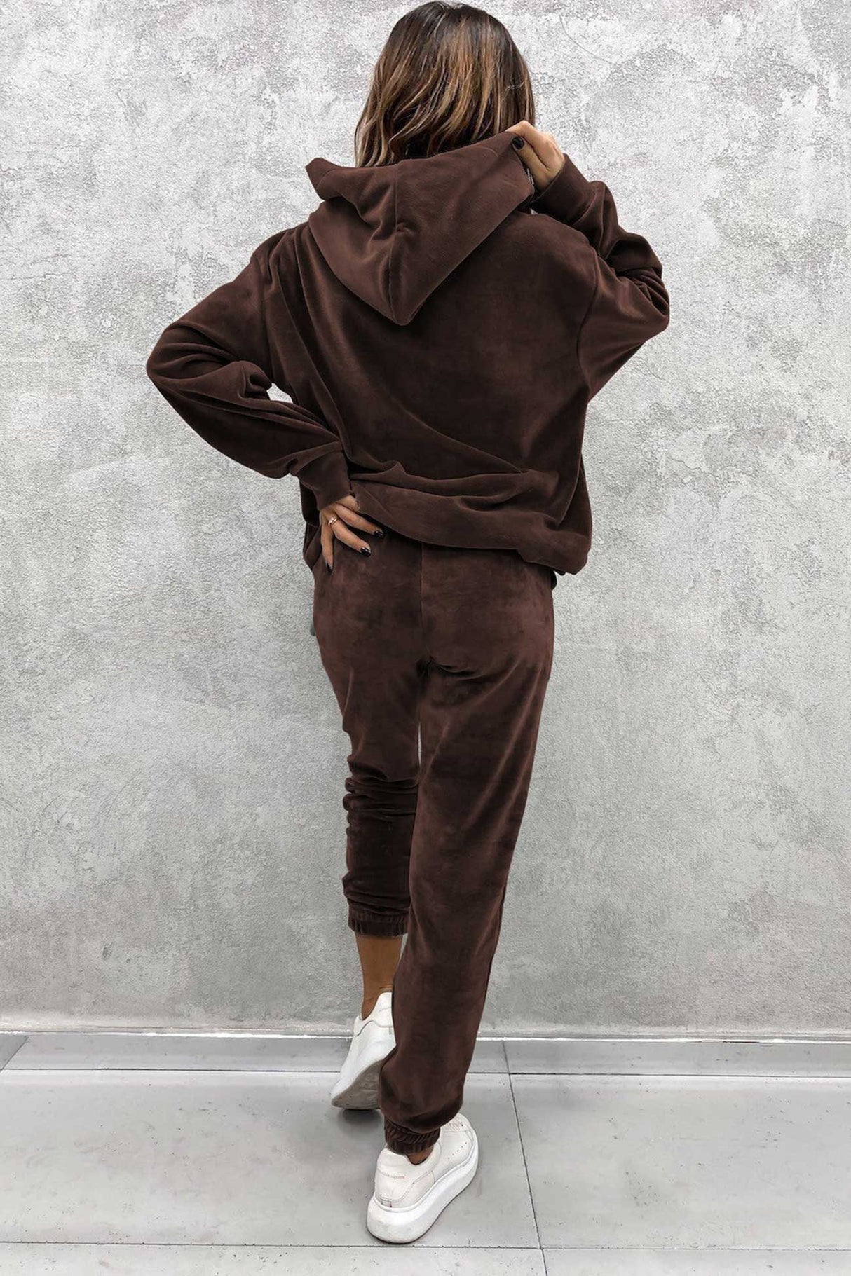 Velour Solid Color Hoodie Long Pants Set