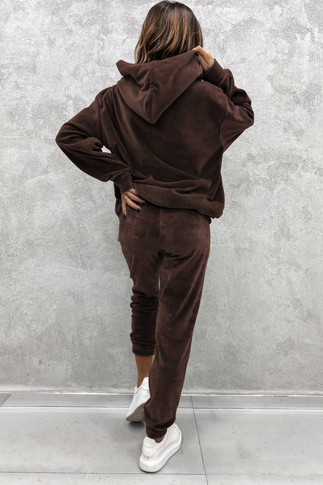 Velour Solid Color Hoodie Long Pants Set