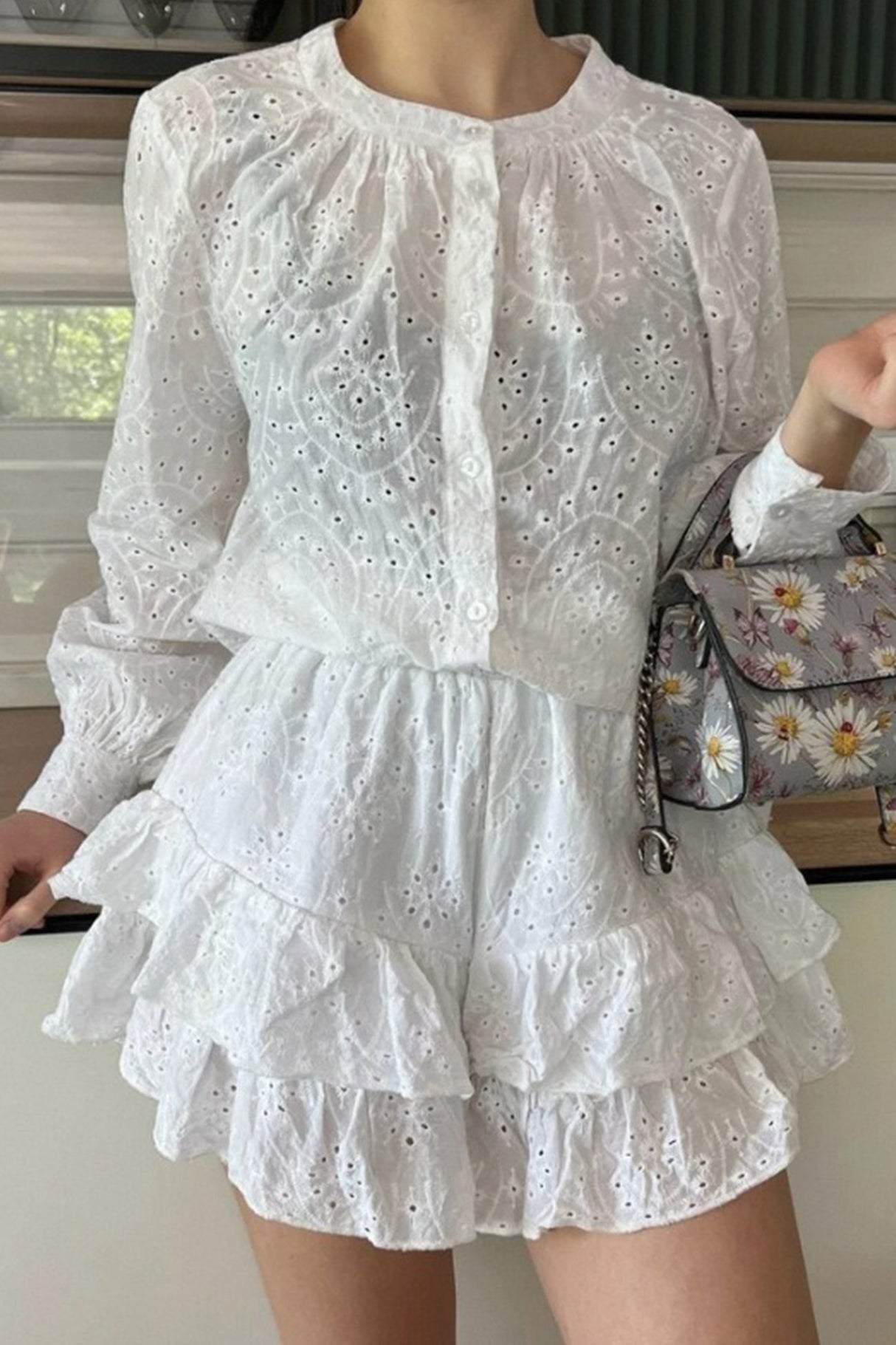 Arolora Hollow-out Jacquard Blouse Tiered Shorts Set