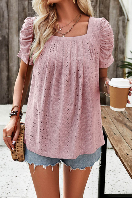 Arolora Square Neck Puff Sleeve Hollow Out Blouse