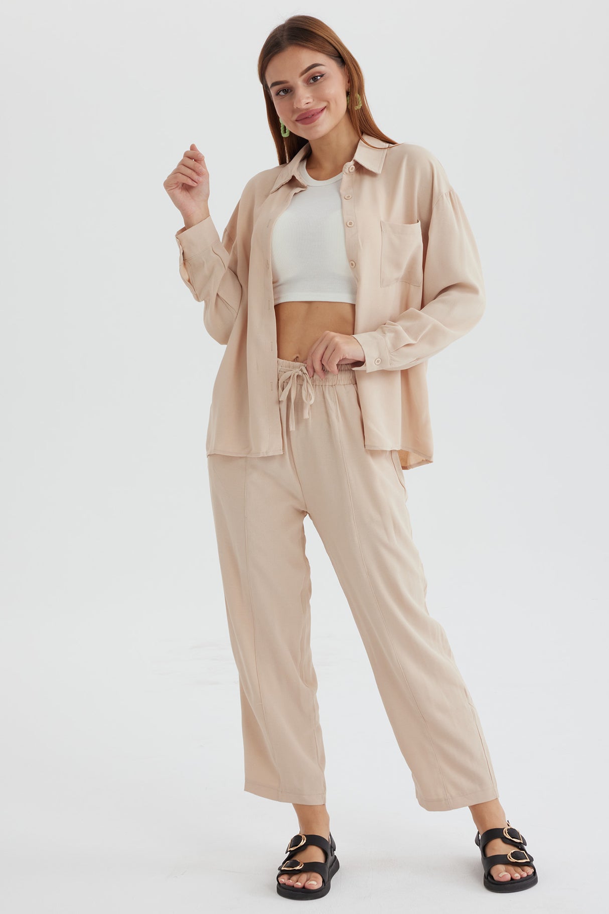 Long Sleeve Solid Color Shirt Long Pants Set