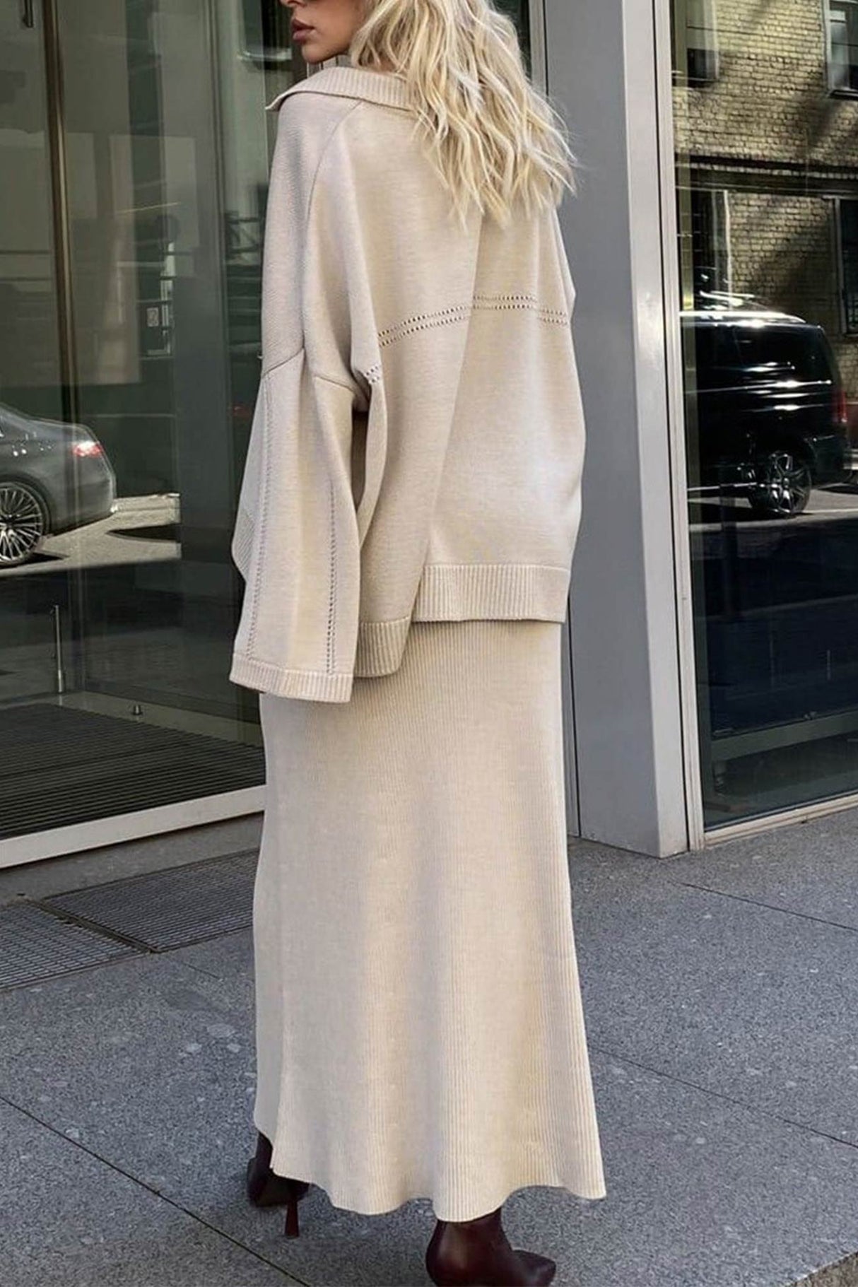 Lapel V Neck Sweater Skirt Set