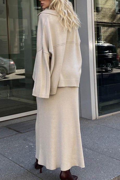 Lapel V Neck Sweater Skirt Set