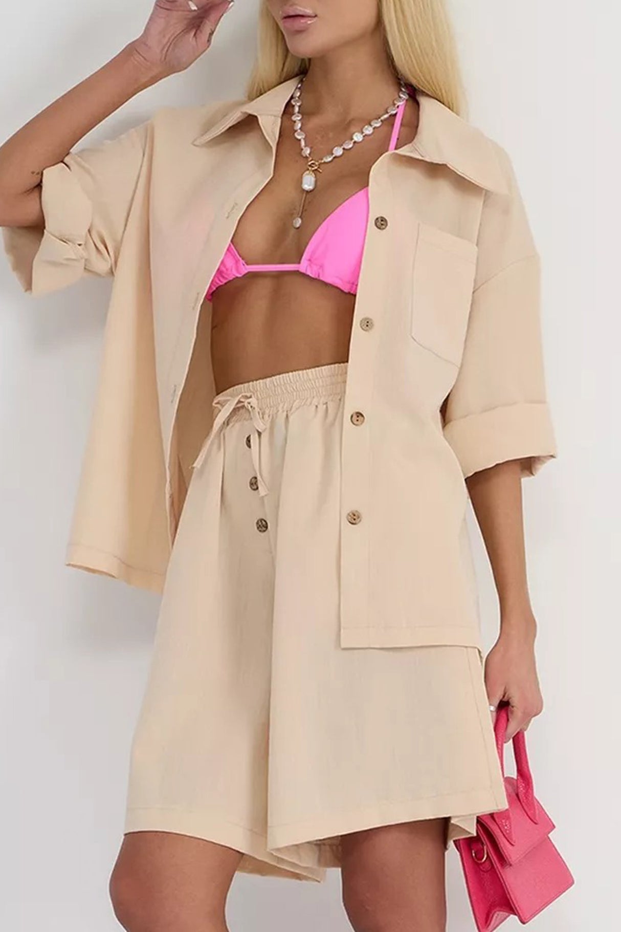 Solid Color Shirt Single-breasted Bermuda Shorts Set