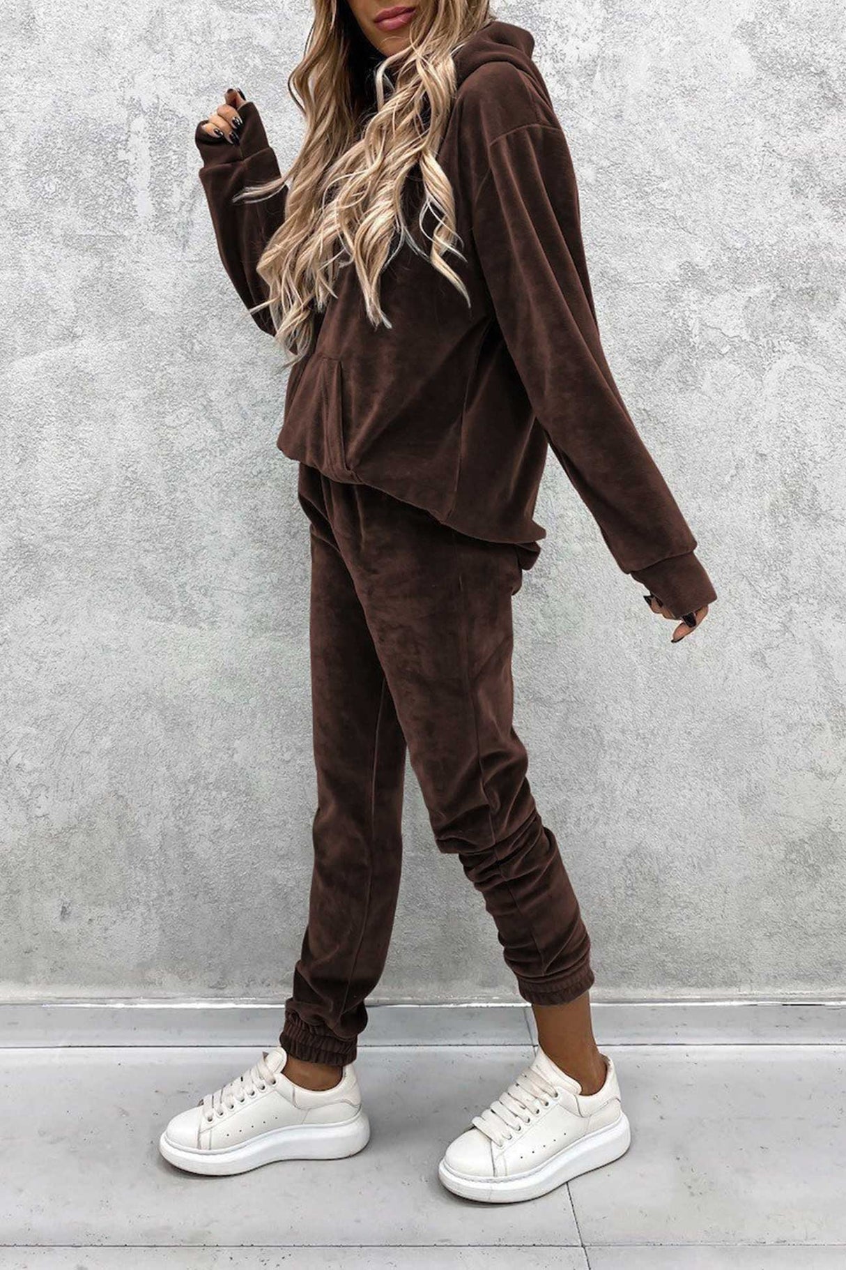 Velour Solid Color Hoodie Long Pants Set