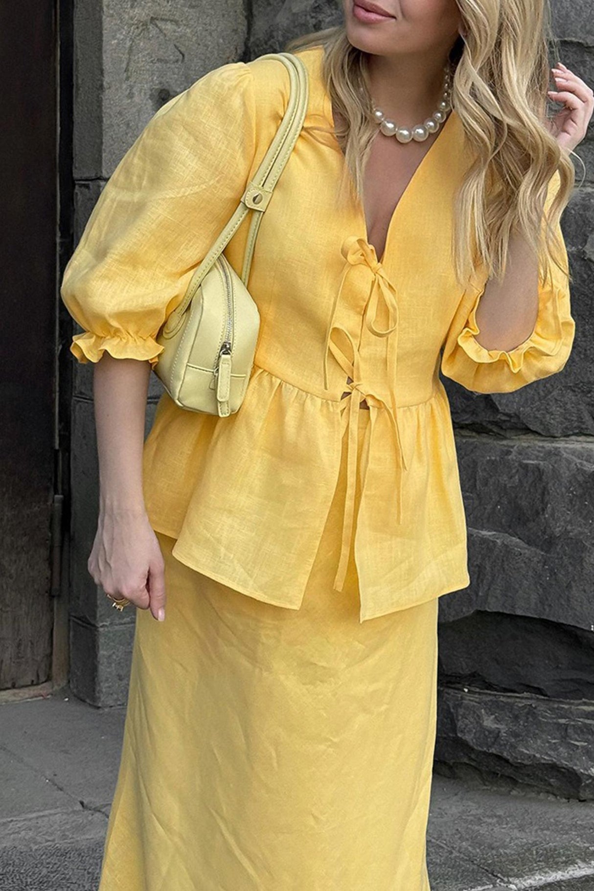 Puff Sleeve Tie-up Ruffle Cotton Shirt Skirt Set