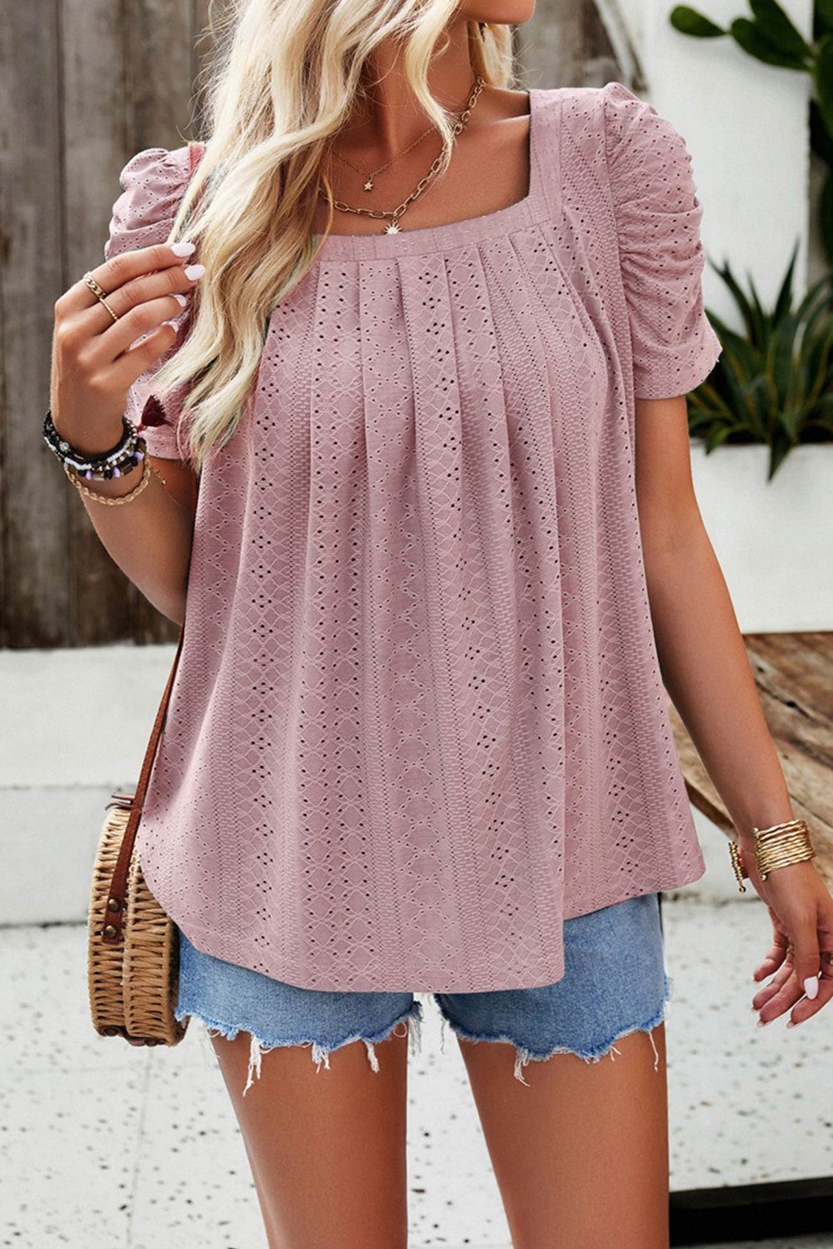 Arolora Square Neck Puff Sleeve Hollow Out Blouse