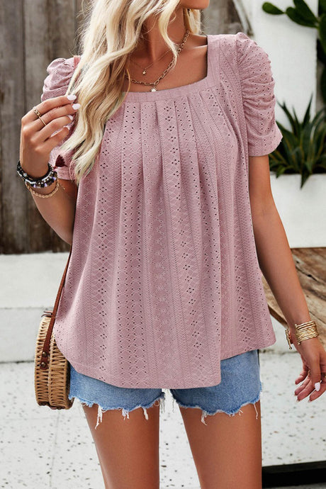 Arolora Square Neck Puff Sleeve Hollow Out Blouse