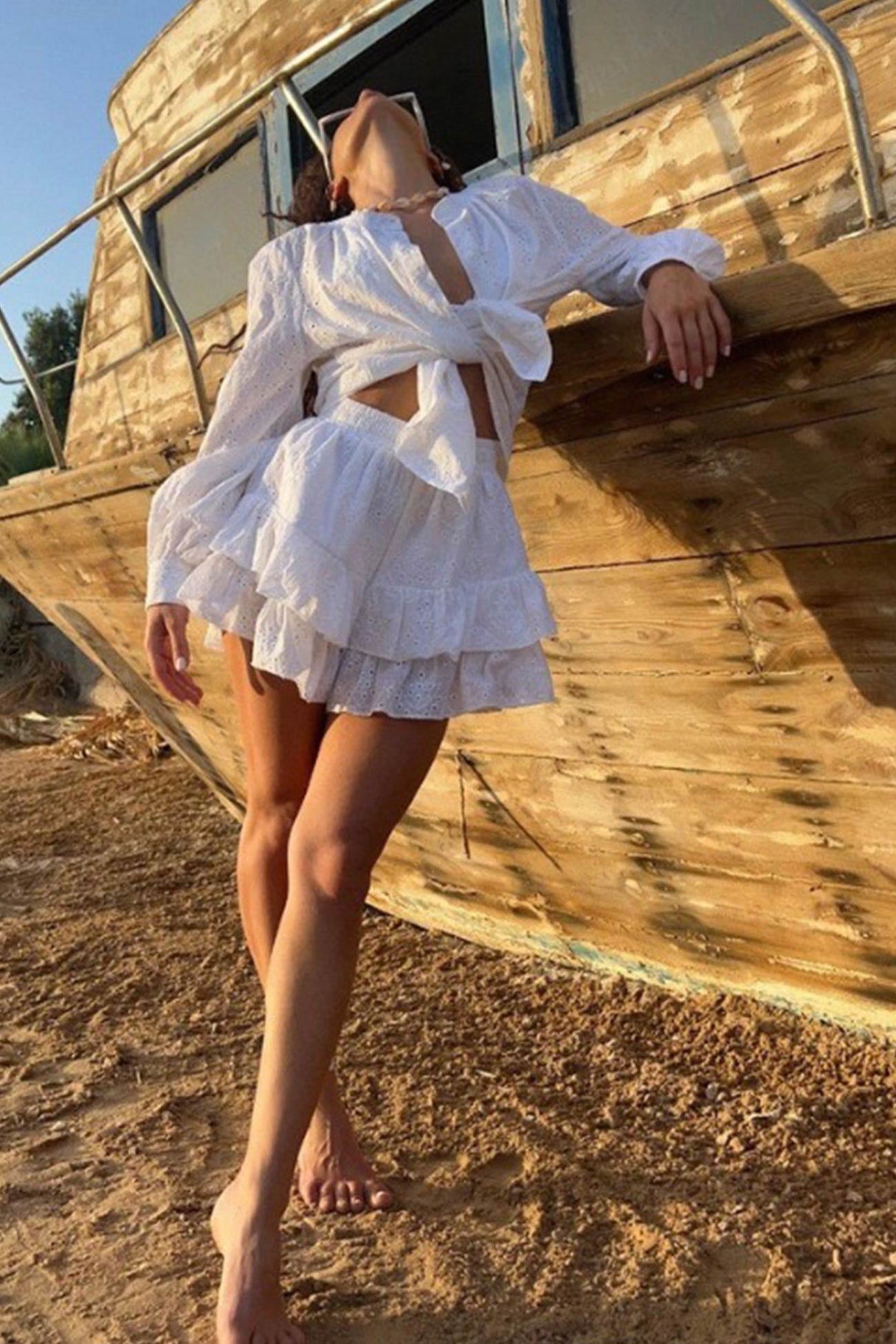 Arolora Hollow-out Jacquard Blouse Tiered Shorts Set