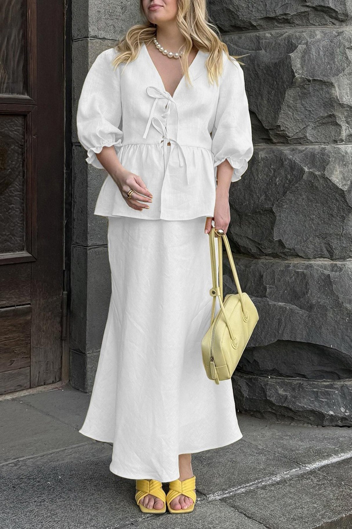 Puff Sleeve Tie-up Ruffle Cotton Shirt Skirt Set