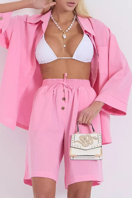 Solid Color Shirt Single-breasted Bermuda Shorts Set