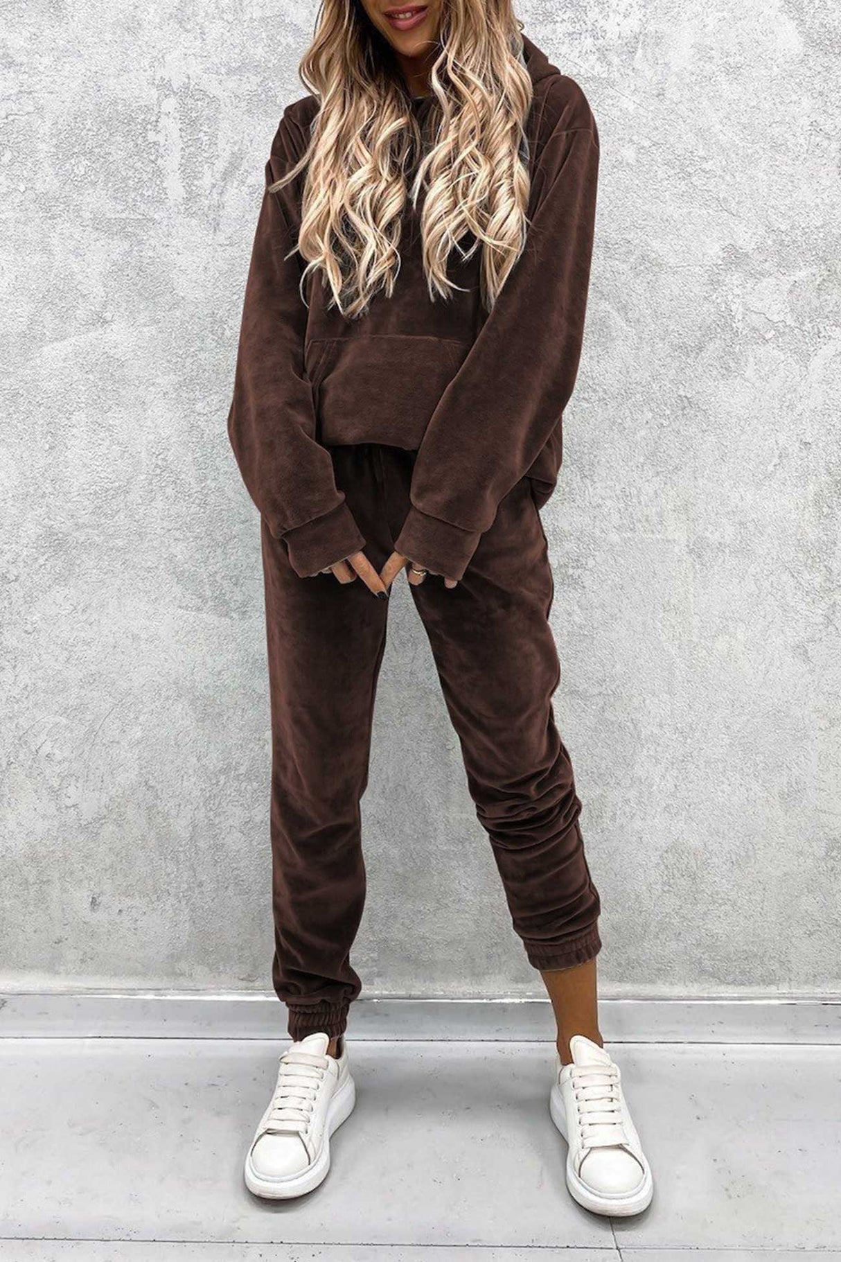 Velour Solid Color Hoodie Long Pants Set