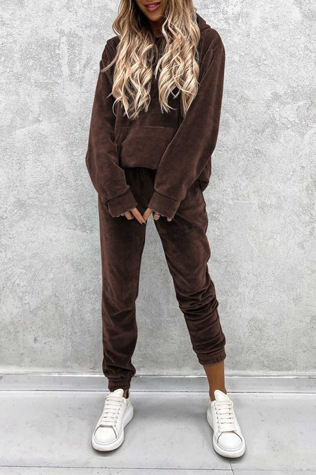 Velour Solid Color Hoodie Long Pants Set