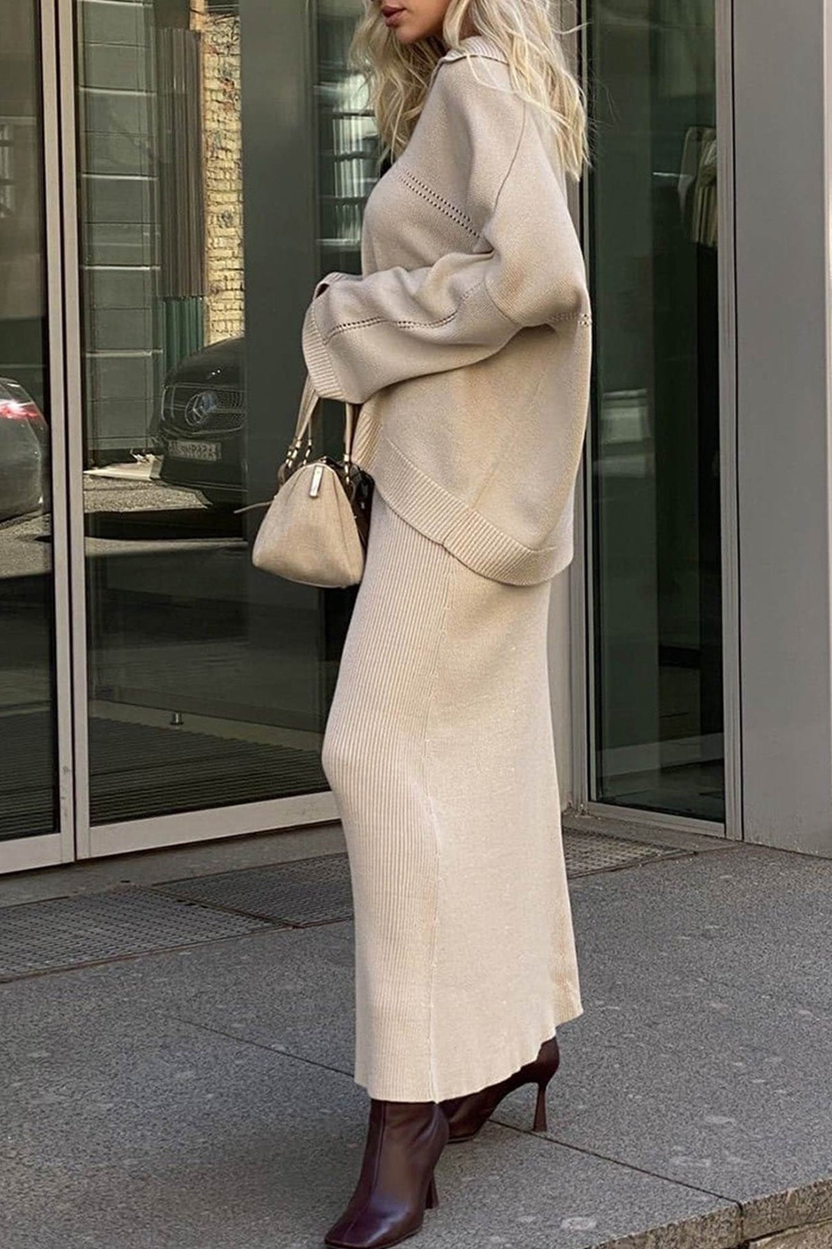 Lapel V Neck Sweater Skirt Set