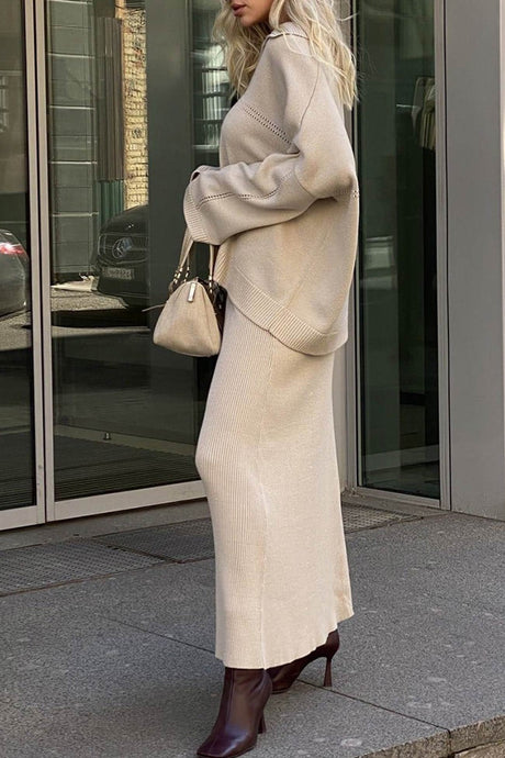 Lapel V Neck Sweater Skirt Set