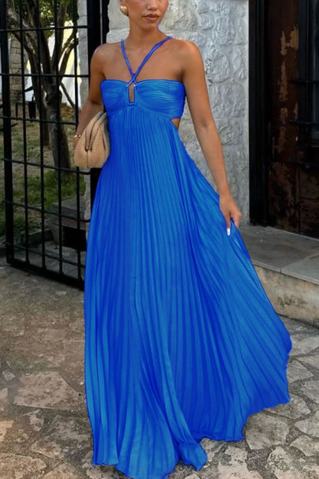 Arolora Halterneck Cutout Pleated Maxi Dress