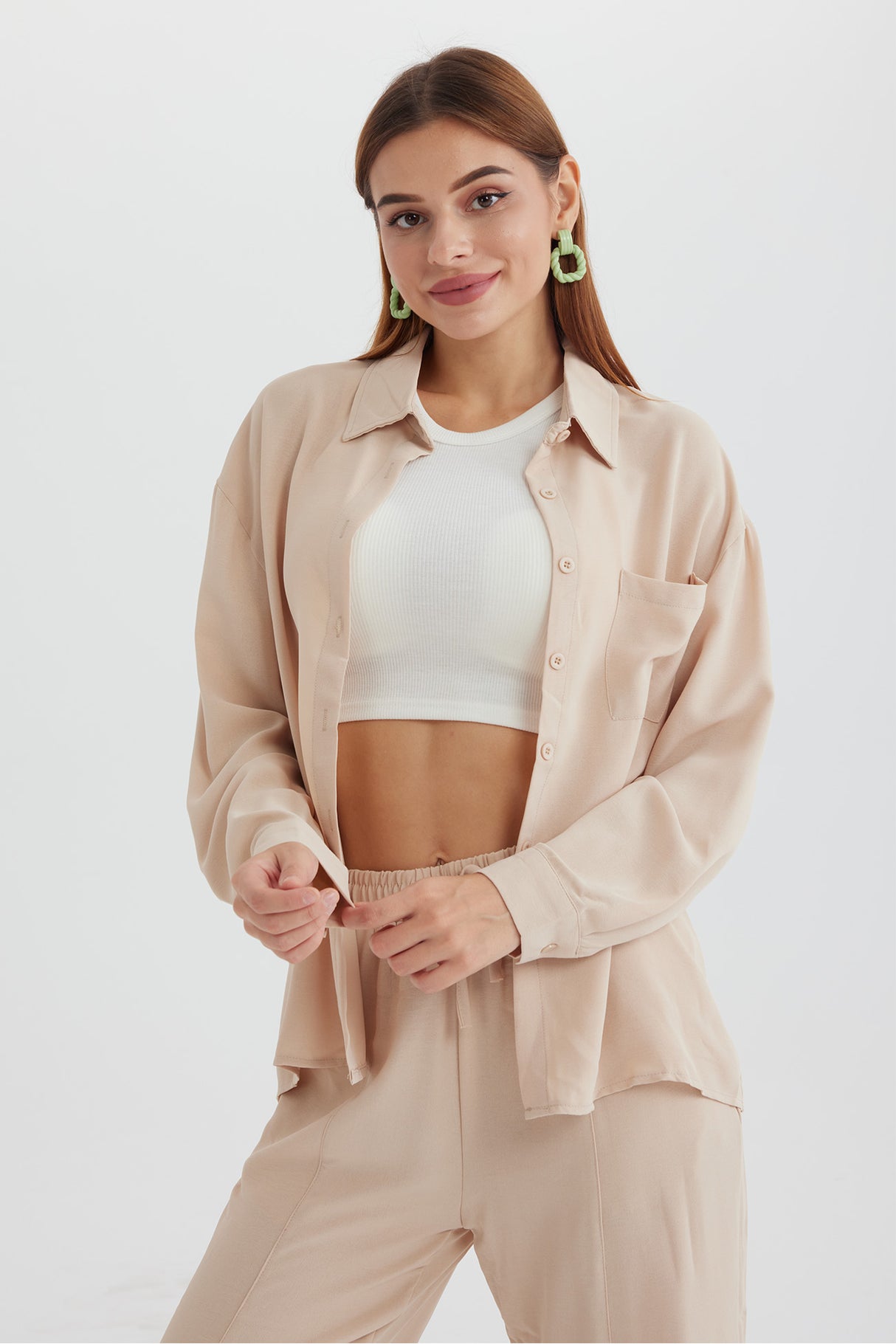 Long Sleeve Solid Color Shirt Long Pants Set