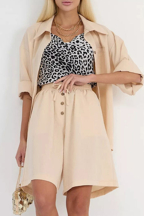 Solid Color Shirt Single-breasted Bermuda Shorts Set